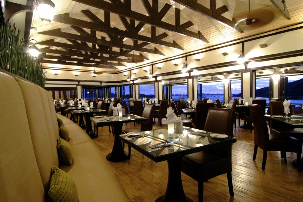 British Virgin Islands, SCRUB Island, CARAVELA restaurant evening wide view