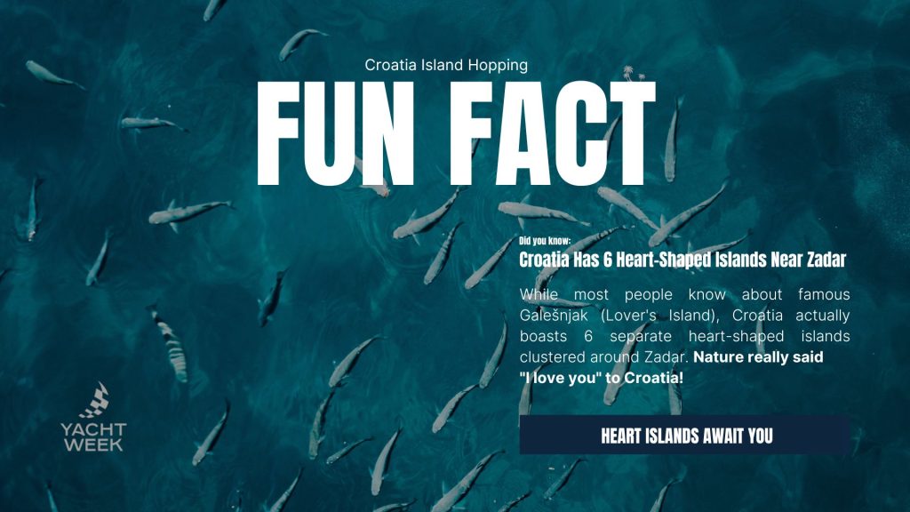 Aerial view of fish swimming through turquoise Adriatic waters near Zadar, Croatia. Bold "FUN FACT" overlay: Croatia has 6 heart-shaped islands clustered around Zadar—nature's "I love you"! "Heart Islands Await You" tagline.