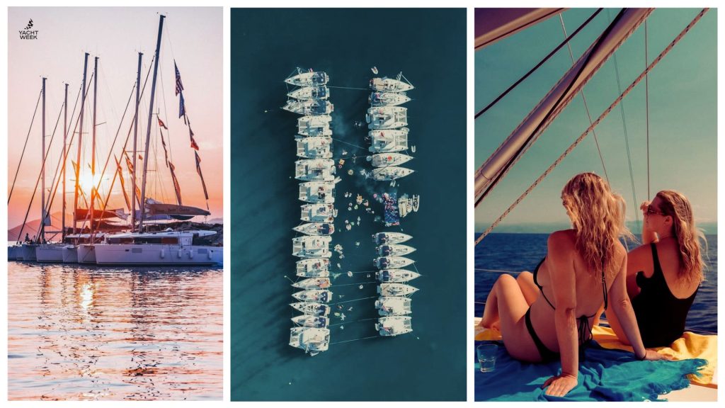 Collage for Croatia Yacht Week: Sunset view of luxury yachts docked in a rocky bay, two women in bikinis lounging on a sailboat deck, and a row of moored sailboats on blue water.