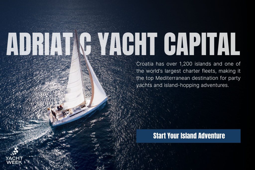 Image of a sailboat on the Adriatic Sea with text "Adriatic Yacht Capital" and info about Croatia's 1,200 islands and yacht adventures.